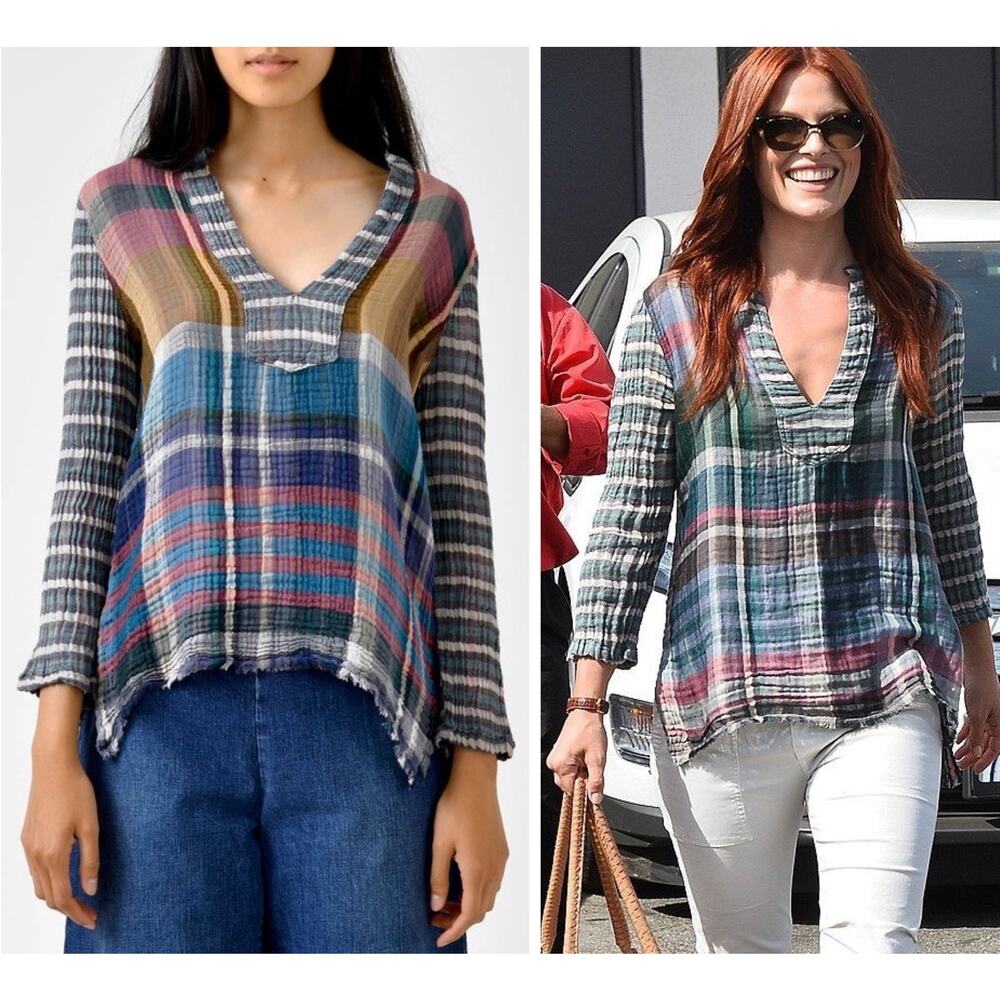 Raquel Allegra Size 2 Medium Dual Gauze Cotton Multicolor Plaid Top Shirt Blouse
